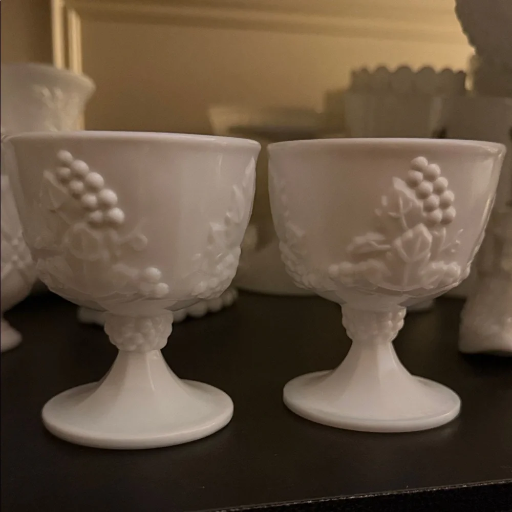 Set of 2 Vintage White Embossed Milk Glass Goblets